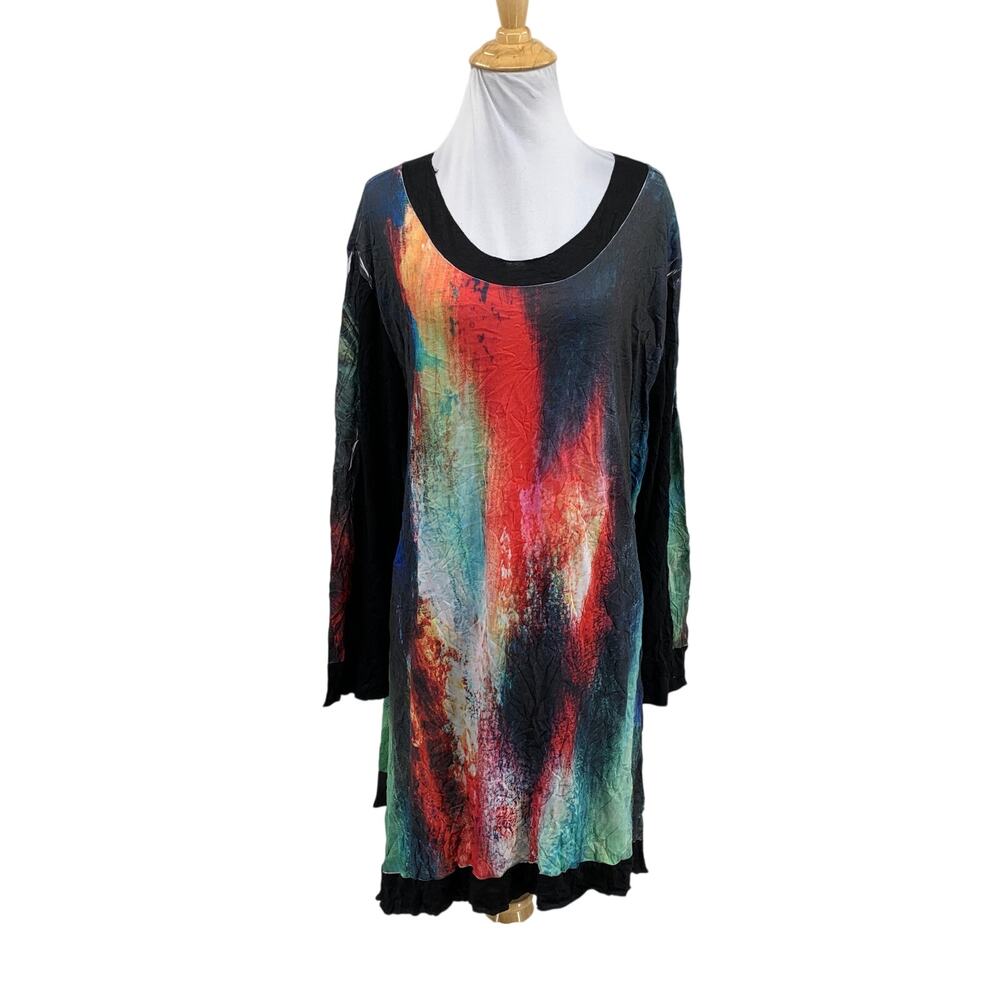 Jess & Jane Top Womens 2X Plus Art To Wear Abstract Print Crinkle Ruffle Tunic